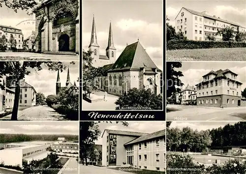 AK / Ansichtskarte Neuendettelsau Laurentiuskirche Mutterhaus Portal Schwesternhaus Schuelerinnenwohnhaus Krankenhaus Hospiz Sonnenheim Waldschwimmbad Neuendettelsau