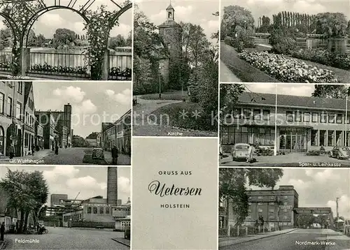 AK / Ansichtskarte Uetersen Rosarium Gr. Wulfshagen Feldmuehle Kirche Sparkasse Nordmark Werke Uetersen
