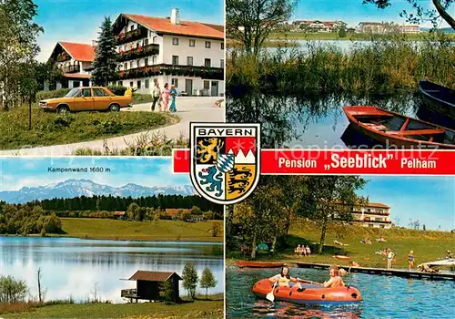 AK / Ansichtskarte Pelham_Oberbayern Pension Seeblick am Pelhamer See Panorama Blick zur Kampenwand Alpen Bootfahren Pelham Oberbayern