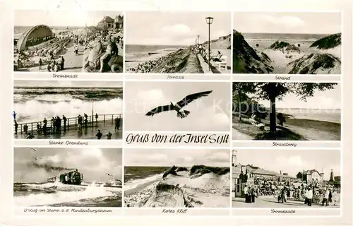 AK / Ansichtskarte Insel_Sylt Promenade Brandung D_Zug im Sturm auf dem Hindenburgdamm Terrasse Strand Rotes Kliff Strandweg Insel_Sylt