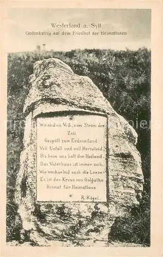 AK / Ansichtskarte Westerland_Sylt Gedenkstein auf dem Friedhof der Heimatlosen Westerland_Sylt