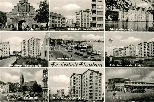 AK / Ansichtskarte Flensburg_DE Nordertor Hochhaeuser an der Rude Schloss Gluecksburg Foerdebruecke Suedermarkt ZOB 