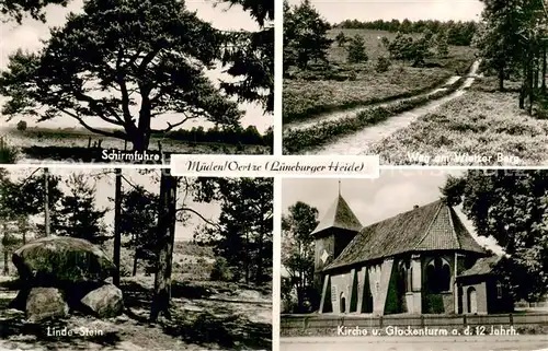 AK / Ansichtskarte Mueden_oertze Schirmfuhre Linde Stein Weg am Wietzer Berg Kirche und Glockenturm Mueden oertze