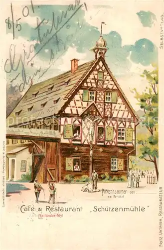 AK / Ansichtskarte Pirkenhammer_Brezova_u_Karlovych_Var_CZ Cafe Restaurant Schuetzenmuehle Fachwerkhaus  