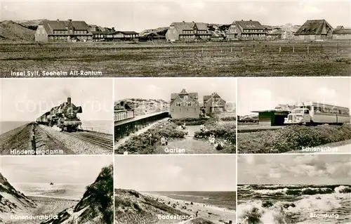 AK / Ansichtskarte Rantum_Sylt Seeheim Alt Rantum Hindenburgdamm Lokomotive Duenen Garten Badestrand Brandung Schienenbus Rantum Sylt