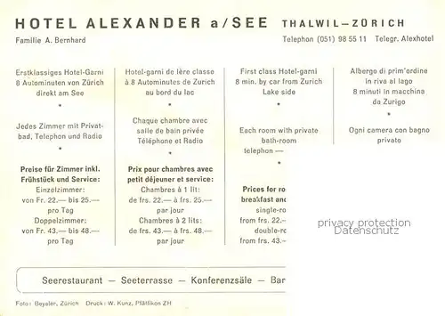 AK / Ansichtskarte Thalwil_ZH Hotel Alexander am See 