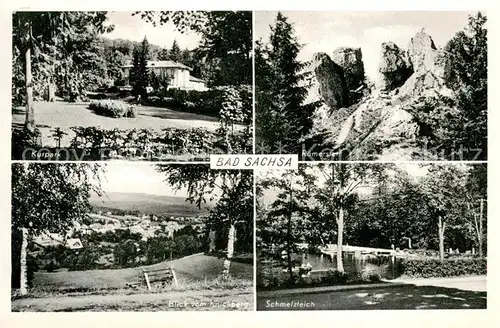 AK / Ansichtskarte Bad_Sachsa_Harz Kurpark Roemerstein Blick vom Knickberg Schmelzteich Bad_Sachsa_Harz