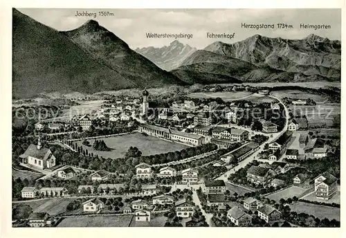AK / Ansichtskarte Bad_Heilbrunn Gesamtansicht aus der Vogelperspektive mit Jochberg Wettersteingebirge Fahrenkpf Herzogstand Heimgarten Bad_Heilbrunn