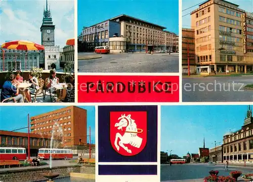 AK / Ansichtskarte Pardubice_Pardubitz_CZ Cafe Tor Grandhotel Bahnhof Platz Wappen 