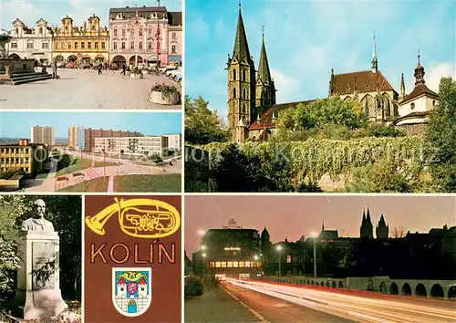 AK / Ansichtskarte Kolin_Koeln_Elbe_CZ Friedensplatz Kirche St. Bartholomaeus Wohnsiedlung Denkmal Nachtaufnahme 