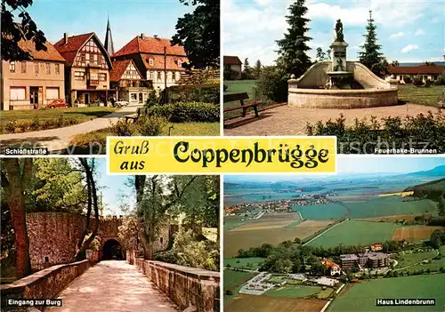 AK / Ansichtskarte Coppenbruegge Schlossstrasse Eingang zur Burg Feuerhake Brunnen Haus Lindenbrunn Luftfoto Coppenbruegge