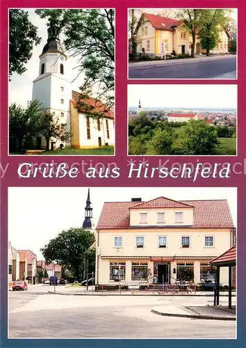 AK / Ansichtskarte Hirschfeld_Elsterwerda Kirche Apotheke Dorfansicht Kaufhaus Hirschfeld_Elsterwerda