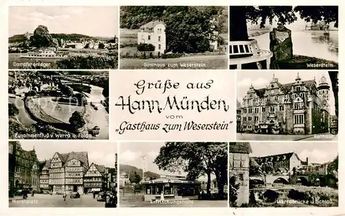 AK / Ansichtskarte Hann._Muenden Gasthaus zum Weserstein Dampferanleger Marktplatz Erfrischungshaus Weserstein Rathaus Werrabruecke und Schloss Hann. Muenden