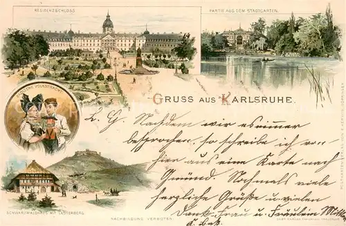 AK / Ansichtskarte Karlsruhe_Baden Residenzschloss Badische Volkstracht Schwarzwaldhaus Stadtgarten Karlsruhe_Baden