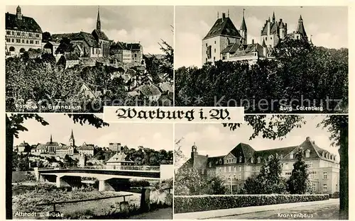 AK / Ansichtskarte Warburg_Westfalen Rathaus Gymnasium Burg Calenberg Altstadt und Bruecke Krankenhaus Warburg_Westfalen