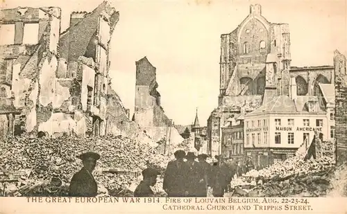 AK / Ansichtskarte Louvain_Flandre The Great War 1914 Fire of Louvain Belgium Cathedral Church and Trippes Street Louvain_Flandre