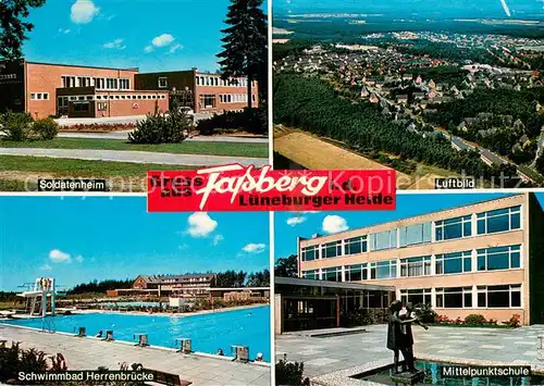 AK / Ansichtskarte Fassberg Soldatenheim Fliegeraufnahme Schwimmbad Herrenbruecke Mittelpunktschule Fassberg
