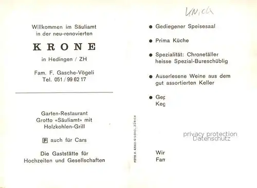 AK / Ansichtskarte Hedingen_ZH Gasthof zur Krone Restaurant Kegelbahn 