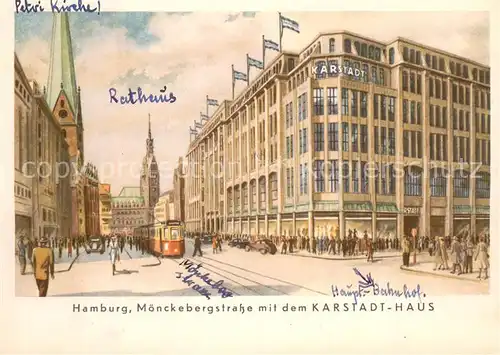 AK / Ansichtskarte Hamburg Moenckebergstrasse m. Karstadt Haus Petri Kirche Strassenbahn Hamburg