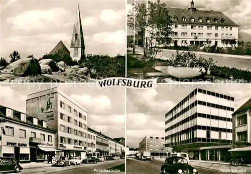 AK / Ansichtskarte Wolfsburg Kreuzkirche Rober Koch Platz Porschestrasse Wolfsburg