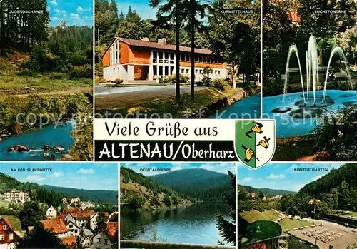 AK / Ansichtskarte Altenau_Harz Jugendschanze Kurmittelhaus Leuchtfontaene An der Silberhuette Okertalsperre Konzertgarten Altenau Harz