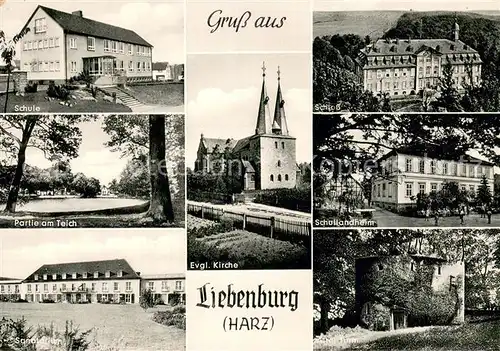 AK / Ansichtskarte Liebenburg Schule Partie am Teich Sanatorium Schloss Ev Kirche Schullandheim  Liebenburg