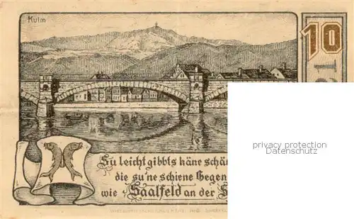 AK / Ansichtskarte Saalfeld_Saale 10 Pfennig Schein Saaltor Saalebruecke Saalfeld_Saale