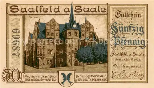 AK / Ansichtskarte Saalfeld_Saale 50 Pfennig Gutschein Rathaus Steuerschraube Presskraft Karikatur Saalfeld_Saale