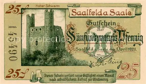 AK / Ansichtskarte Saalfeld_Saale 25 Pfennig Gutschein Ruine Hoher Schwarm und Burg Kitzerstein Saalfeld_Saale
