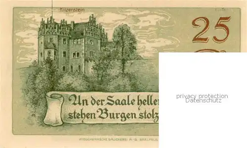 AK / Ansichtskarte Saalfeld_Saale 25 Pfennig Gutschein Ruine Hoher Schwarm und Burg Kitzerstein Saalfeld_Saale