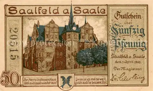 AK / Ansichtskarte Saalfeld_Saale 50 Pfennig Gutschein Rathaus Steuerschraube Presskraft Saalfeld_Saale