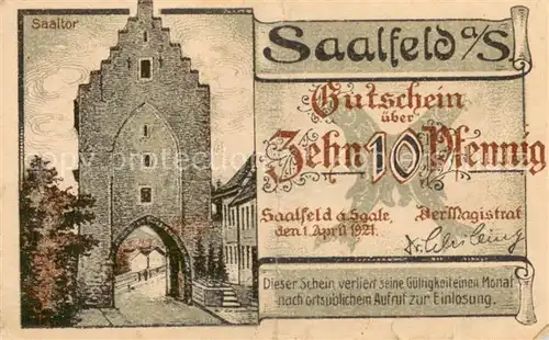 AK / Ansichtskarte Saalfeld_Saale Saaltor Saalebruecke Zehn Pfennig Gutschein Saalfeld_Saale