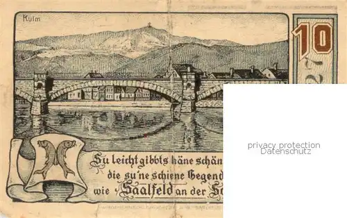 AK / Ansichtskarte Saalfeld_Saale Saaltor Saalebruecke Zehn Pfennig Gutschein Saalfeld_Saale