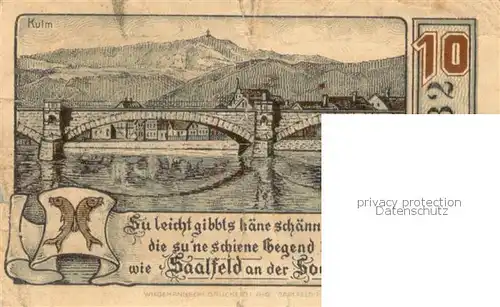 AK / Ansichtskarte Saalfeld_Saale Saaltor Saalebruecke Zehn Pfennig Gutschein Saalfeld_Saale