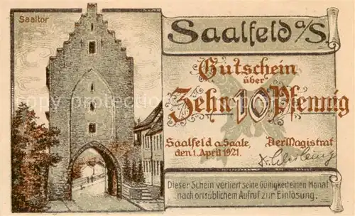 AK / Ansichtskarte Saalfeld_Saale Saaltor Saalebruecke Zehn Pfennig Gutschein Saalfeld_Saale