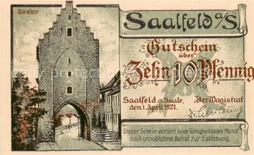 AK / Ansichtskarte Saalfeld_Saale Saaltor Saalebruecke Zehn Pfennig Gutschein Saalfeld_Saale