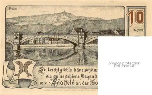 AK / Ansichtskarte Saalfeld_Saale Saaltor Saalebruecke Zehn Pfennig Gutschein Saalfeld_Saale