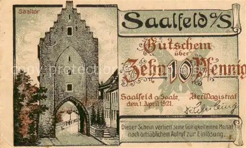 AK / Ansichtskarte Saalfeld_Saale Saaltor Saalebruecke Zehn Pfennig Gutschein Saalfeld_Saale