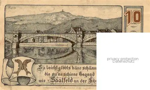 AK / Ansichtskarte Saalfeld_Saale Saaltor Saalebruecke Zehn Pfennig Gutschein Saalfeld_Saale