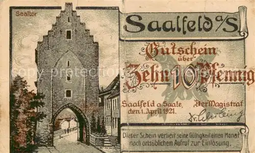 AK / Ansichtskarte Saalfeld_Saale Saaltor Saalebruecke Zehn Pfennig Gutschein Saalfeld_Saale