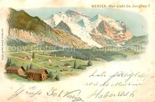AK / Ansichtskarte Wengen__BE Panorama mit Jungfrau Berner Alpen Kuenstlerkarte 