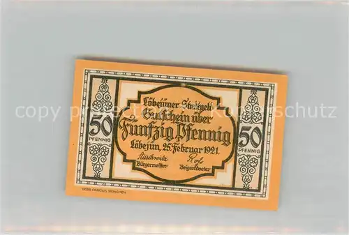 AK / Ansichtskarte Loebejuen_Saalekreis Notgeldschein Fuenfzig Pfennig Loebejuen_Saalekreis