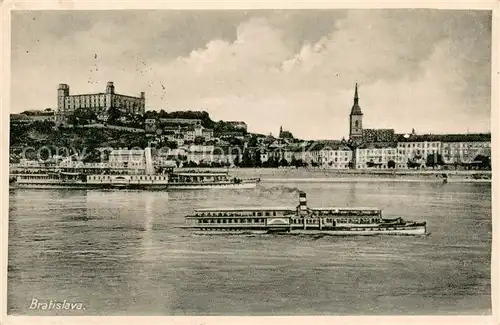 AK / Ansichtskarte Bratislava_Pressburg_Pozsony Teilansicht am Wasser m. kl. Dampfschiff 