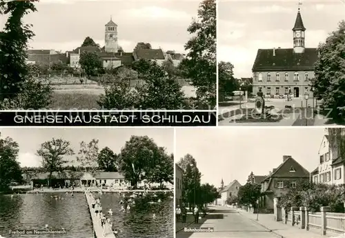 AK / Ansichtskarte Schildau Freibad am Neumuehlenteich   Bahnhofstrasse Schildau