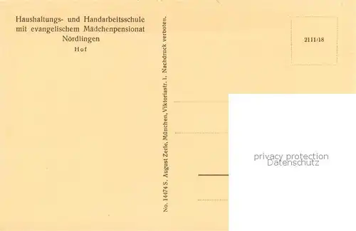 AK / Ansichtskarte Noerdlingen Haushaltungs und Handarbeitsschule Ev Maedchenpensionat Hof Noerdlingen