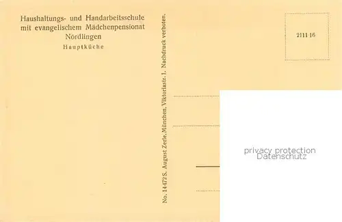 AK / Ansichtskarte Noerdlingen Haushaltungs und Handarbeitsschule Ev Maedchenpensionat Hauptkueche Noerdlingen