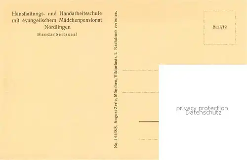 AK / Ansichtskarte Noerdlingen Haushaltungs und Handarbeitsschule Ev Maedchenpensionat Handarbeitssaal Noerdlingen