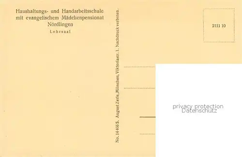 AK / Ansichtskarte Noerdlingen Haushaltungs und Handarbeitsschule Ev Maedchenpensionat Lehrsaal Noerdlingen