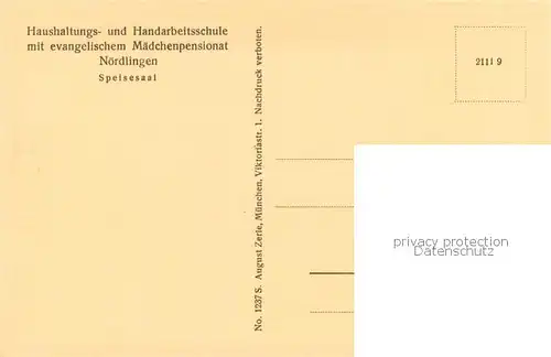 AK / Ansichtskarte Noerdlingen Haushaltungs und Handarbeitsschule Ev Maedchenpensionat Speisesaal Noerdlingen