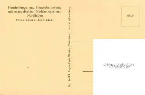 AK / Ansichtskarte Noerdlingen Haushaltungs und Handarbeitsschule Ev Maedchenpensionat Vorderansicht des Hauses Noerdlingen